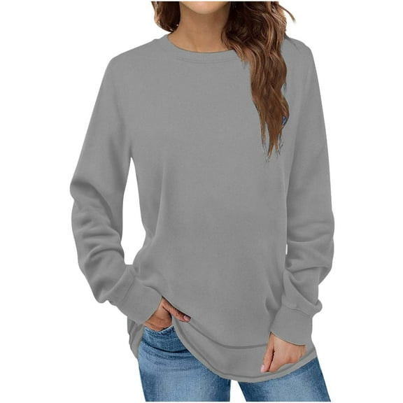 CQONEPT Women's Pullover Tops Crewneck Shirts Casual Plain Long Sleeve Shirts Loose Fit Comfy Tunic Tops Gray S