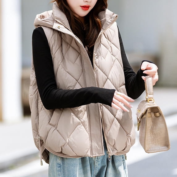 CQONEPT Women's Quilted Puffer Vest Sleeveless Lightweight Packable Zip Up Jacket Winter Warm Hooded Coat Outwear with Pocket Khaki L