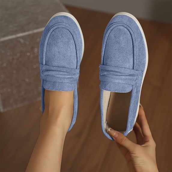 CQONEPT Women's Retro Suede Flat Loafers Comfy Slip On Round Toe Non Slip Business Causal Dress Sneakers for Office Outdoor Blue 42
