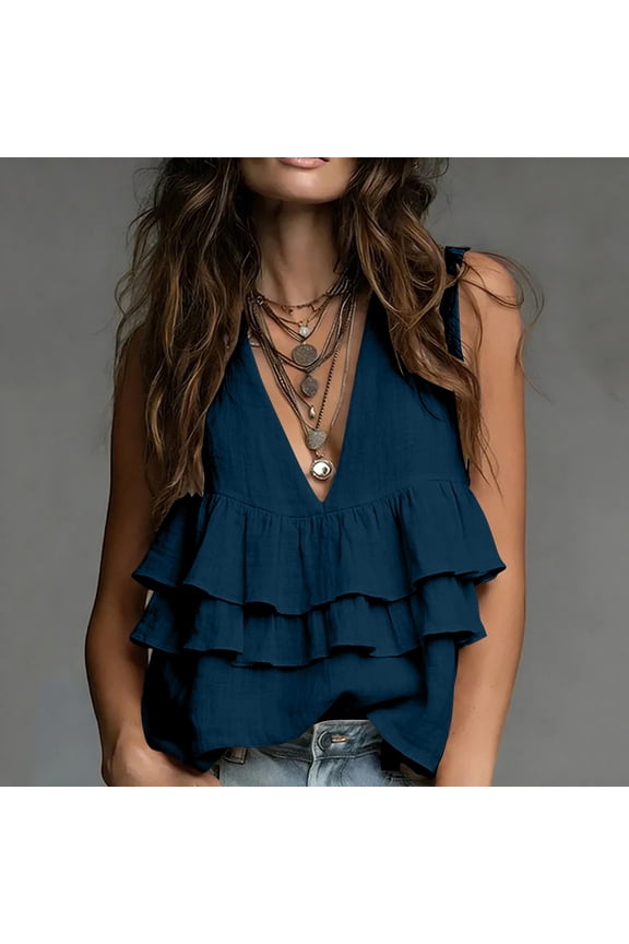 Women's Ruffle Halter Top Deep V Neck Sleeveless Layered Flowy Casual Summer Boho Beach Linen Blouse Going Out Navy L