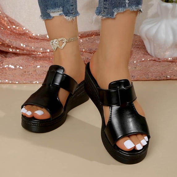 CQONEPT Women's Sandals Chunky Heel Open Toe Sandals Wedge Flat Shoes Adjustment Ankle Strap Dressy Summer Loafers Black 6