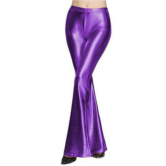 CQONEPT Women's Sequin Pant Sparkly Bell Bottom High Waist Palazzo Pants Bling Glitter Fashion Disco Party Trousers Purple S