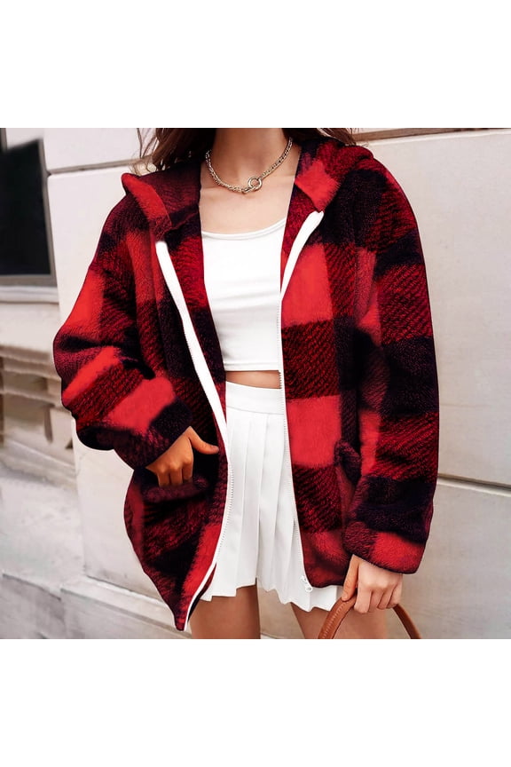 Women's Sherpa Fleece Shacket Full Zip Up Hooded Jacket Trendy Plaid Shirts Streetwear Casual Overcoat with Pockets Red 4XL