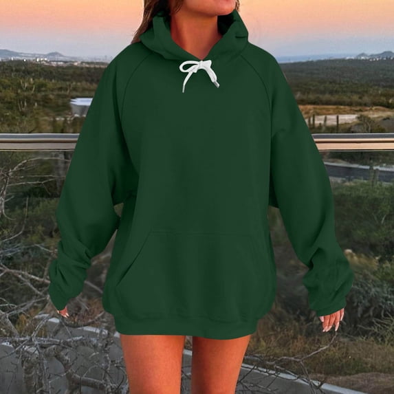 CQONEPT Women's Sherpa Lined Sweatshirts Drawstring Hoodies Dressy Casual Hooded Winter Outdoor Clothes with Pockets Green 2XL