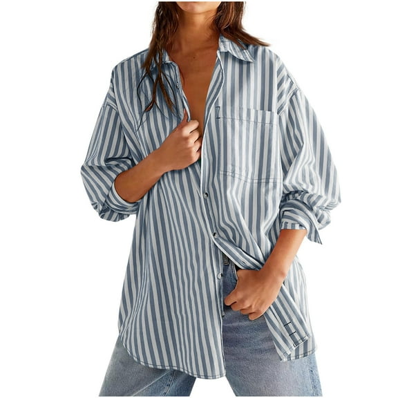 CQONEPT Women's Shirts Stripe Lapel Neck Tunic Tops Button Down Business Y2K Blouse with Pockets Light Blue M