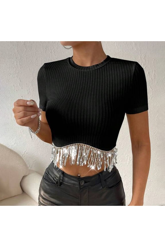 Women's Short Sleeved Casual Top Glitter Sequin Shirts Disco Party Knit Ribbed Contoured Fit Blouse Tops Black M