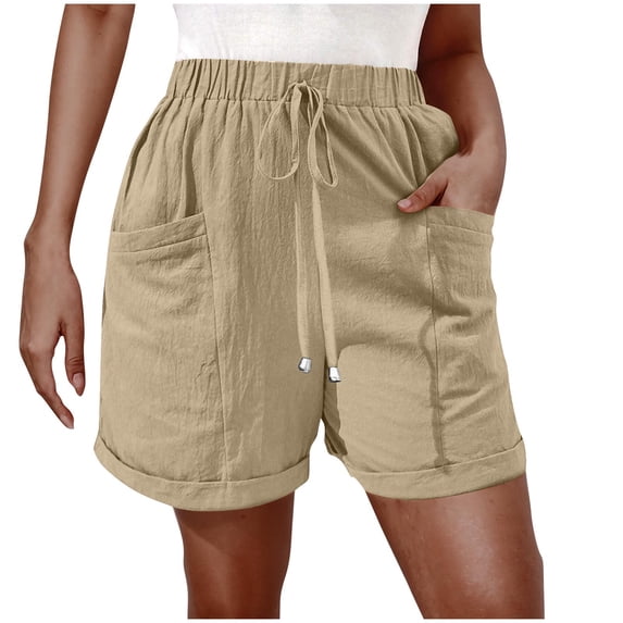 CQONEPT Women's Shorts High Waisted Elastic Waist Summer Beach Short Pants Leisure Loose Fit Short Pants with Pocket Khaki XXXL
