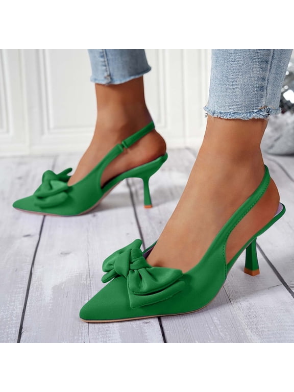 Women's Slingback Heels with Bow Pointed Toe Pumps with Elasticated Strap High Heels for Evening Dress Shoes Green 36