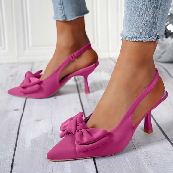 CQONEPT Women's Slingback Heels with Bow Pointed Toe Pumps with Elasticated Strap High Heels for Evening Dress Shoes Hot Pink 36