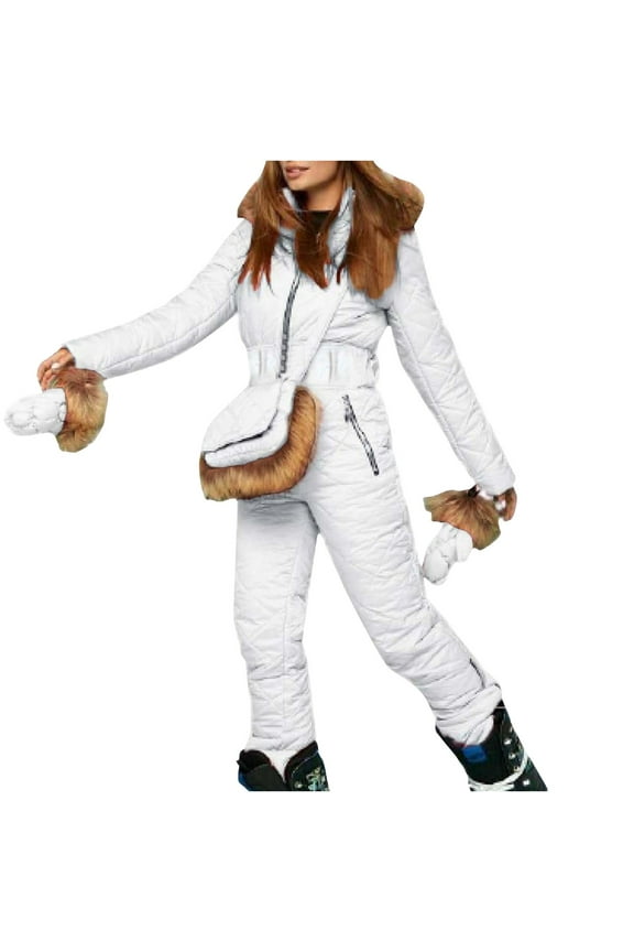 Women's Snow Ski Romper Puffy Snowboard Insulated Bib Overall Windbreaker Waterproof Snow Ski Pants with Zip Pockets White L