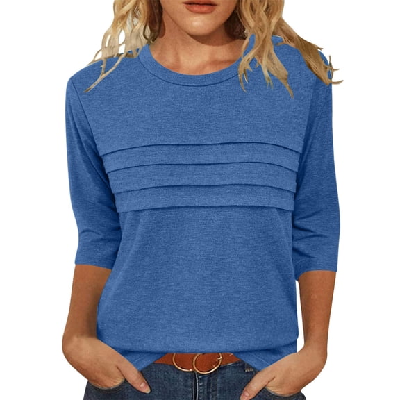 CQONEPT Women's Solid Color Shirts Pleated Crewneck 3/4 Sleeve Tunic Tops Lounge Going Out Pullover Tops Blue 2XL