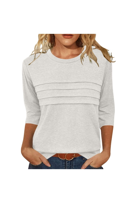 Women's Solid Color Shirts Pleated Crewneck 3/4 Sleeve Tunic Tops Lounge Going Out Pullover Tops White XL