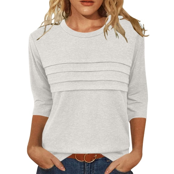 CQONEPT Women's Solid Color Shirts Pleated Crewneck 3/4 Sleeve Tunic Tops Lounge Going Out Pullover Tops White XL