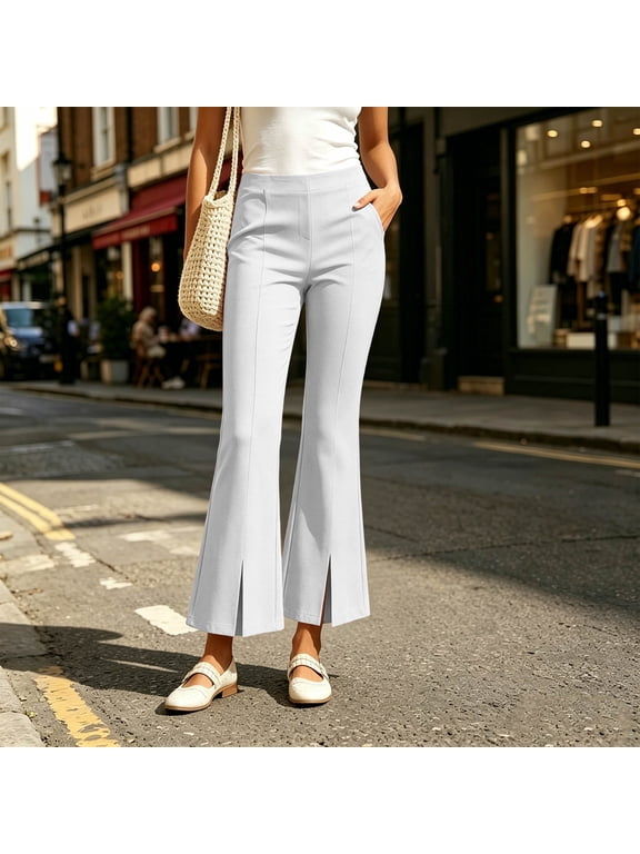 Women's Split Hem Flare Pants Elastic Waist Casual Office Elegant Cropped Dress Pant Trousers with Pockets White M