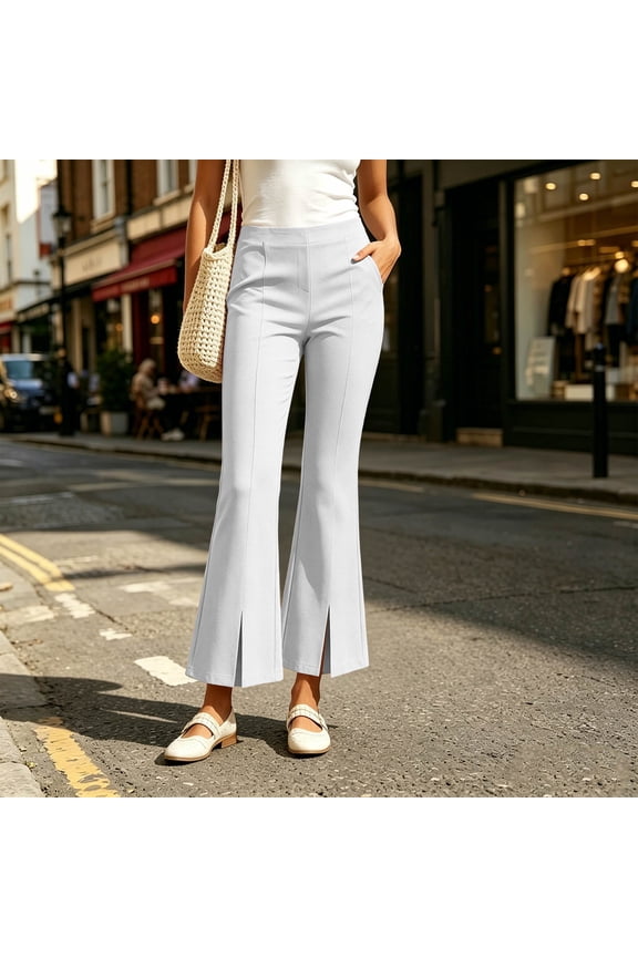 Women's Split Hem Flare Pants Elastic Waist Casual Office Elegant Cropped Dress Pant Trousers with Pockets White M