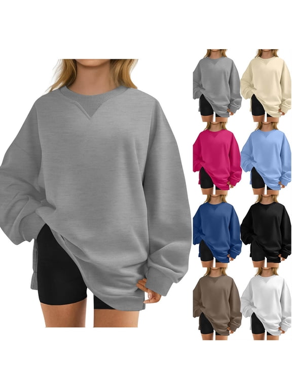 Women's Split Hem Long Sleeve Sweatshirt Fall Fashion Tunic Top with Side Slits Stylish Layering Shirt for Leggings Blue XXL