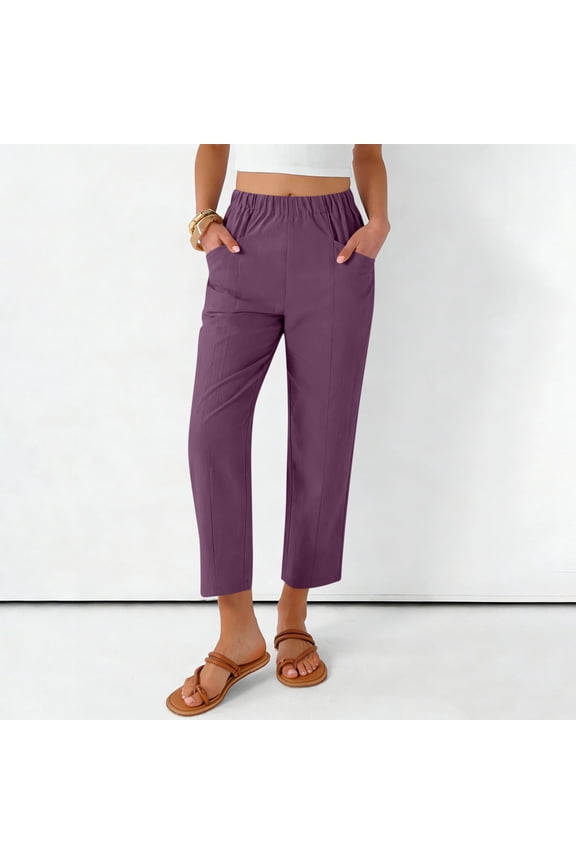 Women's Straight Leg Pants Linen Cotton Elastic Waist Capri Pant Lightweight Summer Slacks with Pockets Purple 2XL