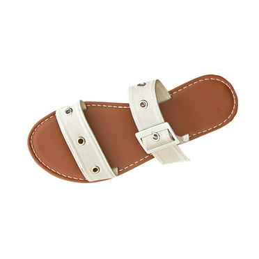 CQONEPT Women's Strappy Flat Sandals Arch Support Slip On Open Toe Dressy Slide Sandals Lightweight Comfortable Summer Beach Shoes Beige Size 7