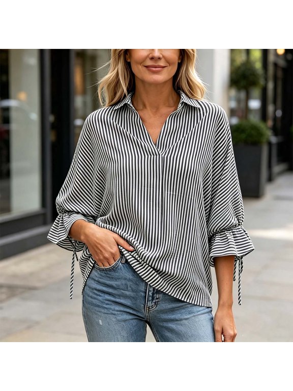 Women's Stripe Drawstring Flare 3/4 Sleeve Blouse Tops Lapel Collar Loose Fit Tops Casual Fall Vacation Shirt Black M
