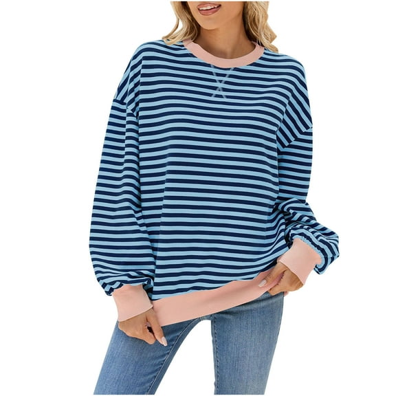 CQONEPT Women's Stripe Pullover Crewneck Fleece Lined Sweatshirts Casual Fall Winter Outdoor Long Sleeve Shirts Dark Blue S