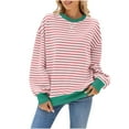 thumbnail image 1 of CQONEPT Women's Stripe Pullover Crewneck Fleece Lined Sweatshirts Casual Fall Winter Outdoor Long Sleeve Shirts Pink M, 1 of 4