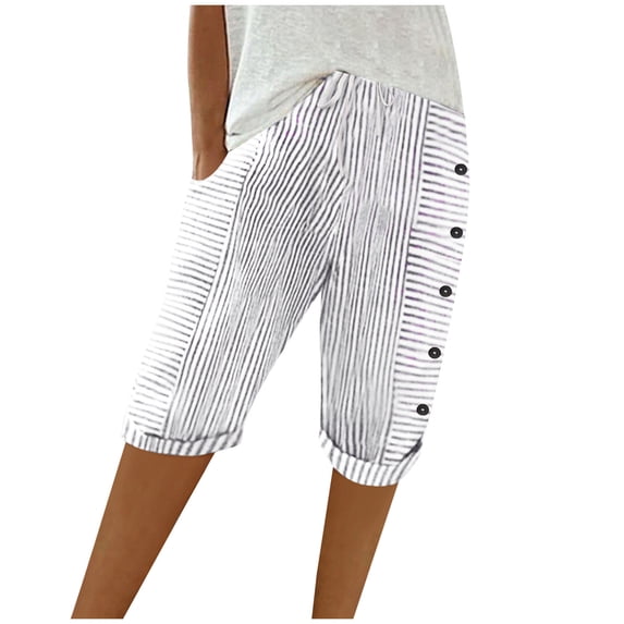 CQONEPT Women's Striped Shorts with Pockets Side Button Casual Pants Comfy Spring Summer Trendy Short Pants White 2XL