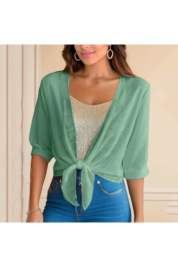 Women's Summer Lightweight Short Cardigan Shrug Sheer Tie Chiffon Front Top 3/4 Sleeve Breathable Jacket for Dress Mint Green M