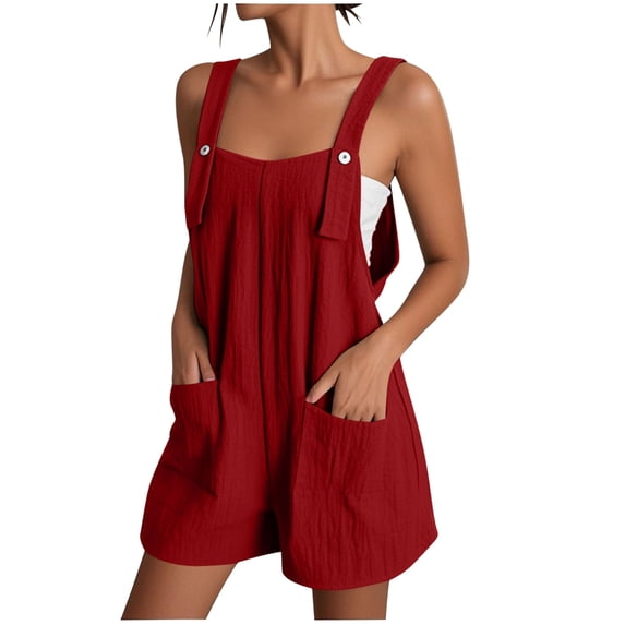 CQONEPT Women's Summer Rompers with Pockets Sleeveless Wide Leg Short Adjustable Strap Jumpsuits for Women Red L
