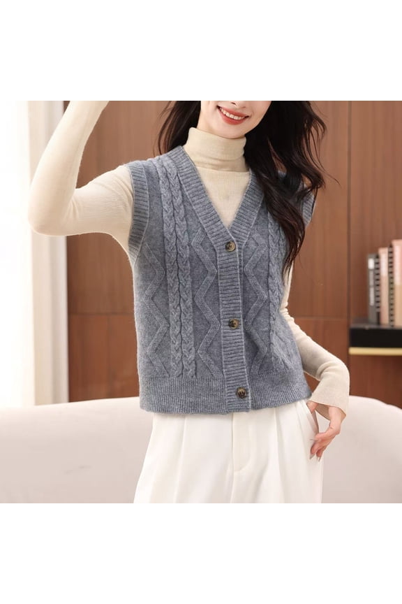 Women's Sweaters Cable Button Down Vest Jacket Fall Fashion Basic Cardigans Winter Clothes Gray Free Size
