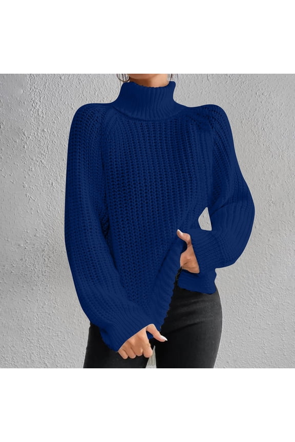 Women's Sweaters Cable Turtleneck Pullover Tops Chunky Ribbed Tunic Tops Casual Fall Winter Clothes Dark Blue S