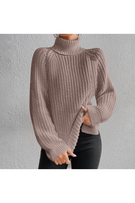 Women's Sweaters Cable Turtleneck Pullover Tops Chunky Ribbed Tunic Tops Casual Fall Winter Clothes Khaki 3XL
