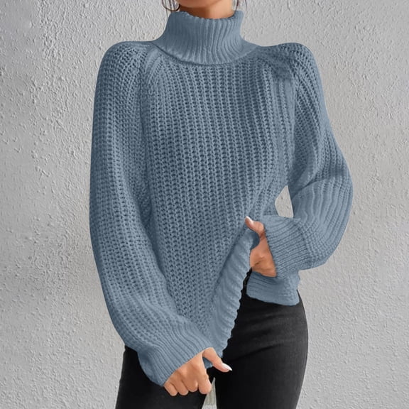 CQONEPT Women's Sweaters Cable Turtleneck Pullover Tops Chunky Ribbed Tunic Tops Casual Fall Winter Clothes Light Blue M
