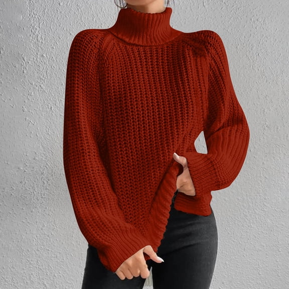 CQONEPT Women's Sweaters Cable Turtleneck Pullover Tops Chunky Ribbed Tunic Tops Casual Fall Winter Clothes Wine M