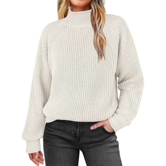 CQONEPT Women's Sweaters Chunky Long Sleeve Tops Ribbed Trendy Tunic Tops Dressy Casual Winter Pullover Clothes Beige S