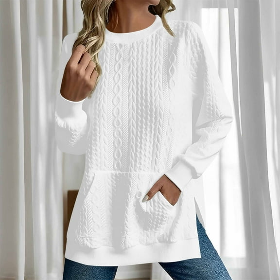 CQONEPT Women's Sweaters Crewneck Side Slit Long Sleeve Shirts Fall Winter Tunic Tops with Pockets White L