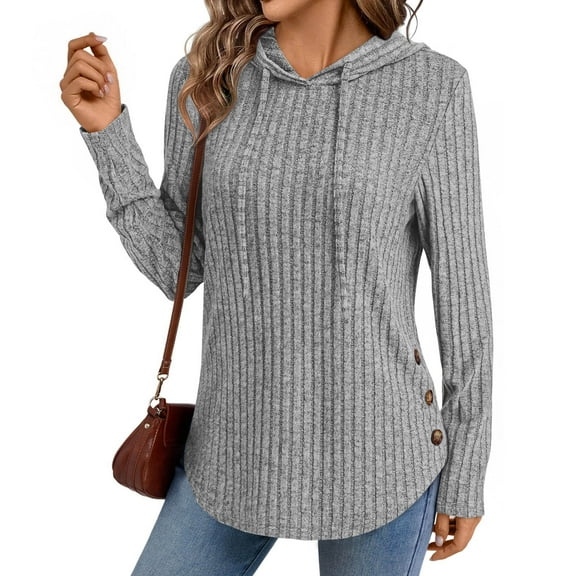 CQONEPT Women's Sweaters Knit Ribbed Sweatshirts Bottom Drawstring Pullover Tops Trendy Going Out Hoodies Gray XL
