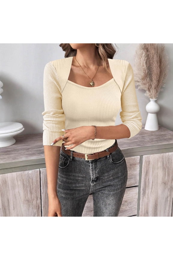 Women's Sweaters Square Neck Slim Fit Pullover Tops Lightweight Ribbed Long Sleeve Tops Fall Fashion Clothes Beige S