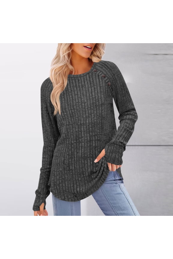 Women's Sweaters with Thumb Holes Fall Winter Crewneck Long Sleeve Tunic Tops Lightweight Button Shirts Dark Gray M