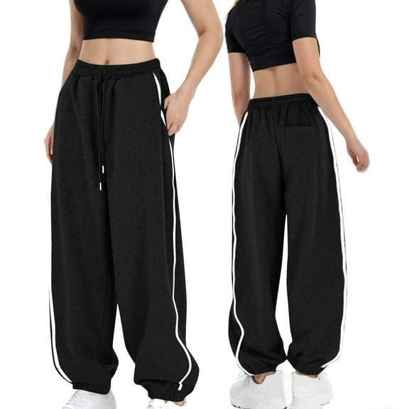 CQONEPT Women's Sweatpants Side Striped Drawstring Casual Loose Tapered Pant Elastic Waisted Trousers with Pockets Black 3XL