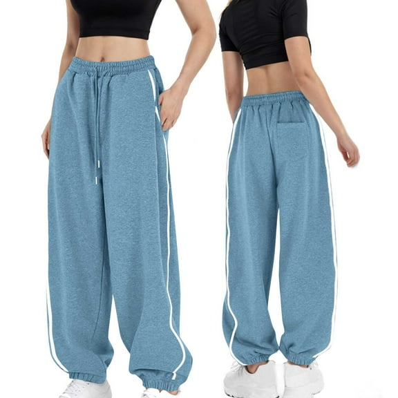 CQONEPT Women's Sweatpants Side Striped Drawstring Casual Loose Tapered Pant Elastic Waisted Trousers with Pockets Blue XL