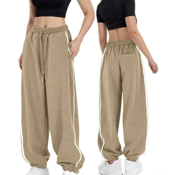 CQONEPT Women's Sweatpants Side Striped Drawstring Casual Loose Tapered Pant Elastic Waisted Trousers with Pockets Khaki M