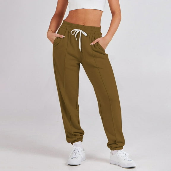 CQONEPT Women's Sweatpants Tapered Drawstring Lerisure Pant Loose Fit Slim Fit Elastic Waisted Trousers with Pocket Khaki L