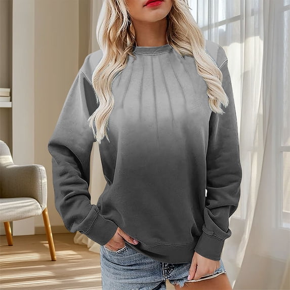 CQONEPT Women's Sweatshirt Crewneck Color Block Pleated Long Sleeve Tops Loose Casual Tunic Tops Gray L