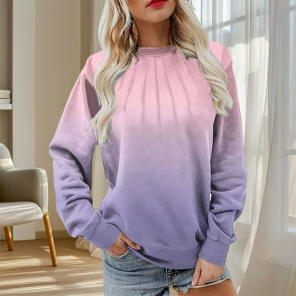 CQONEPT Women's Sweatshirt Crewneck Color Block Pleated Long Sleeve Tops Loose Casual Tunic Tops Pink M