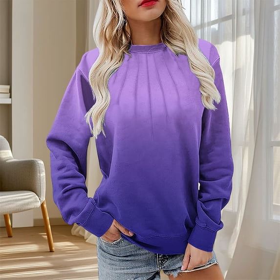 CQONEPT Women's Sweatshirt Crewneck Color Block Pleated Long Sleeve Tops Loose Casual Tunic Tops Purple M