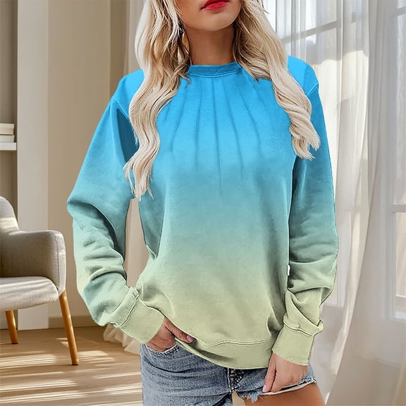 CQONEPT Women's Sweatshirt Crewneck Color Block Pleated Long Sleeve Tops Loose Casual Tunic Tops Sky Blue L