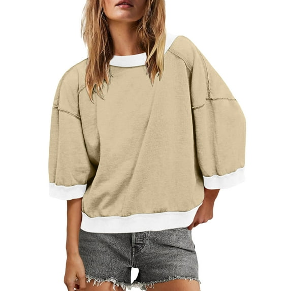 CQONEPT Women's Sweatshirts Casual Scoop Neck Fleece Lined Pullover Tops Athletic Fall Fashion Long Sleeve Blouse Khaki M