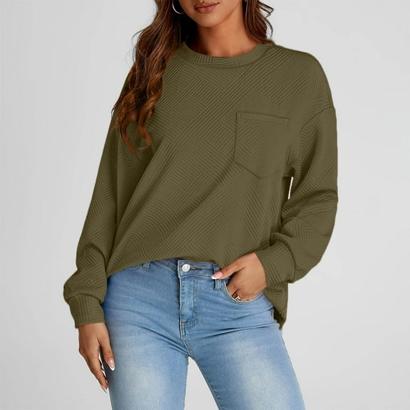 CQONEPT Women's Sweatshirts Crewneck Pullover Tops Lounge Loose Fit Long Sleeve Shirts Going Out Blouse Army Green L