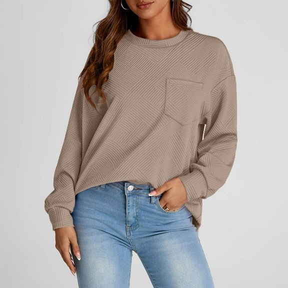 CQONEPT Women's Sweatshirts Crewneck Pullover Tops Lounge Loose Fit Long Sleeve Shirts Going Out Blouse Khaki S