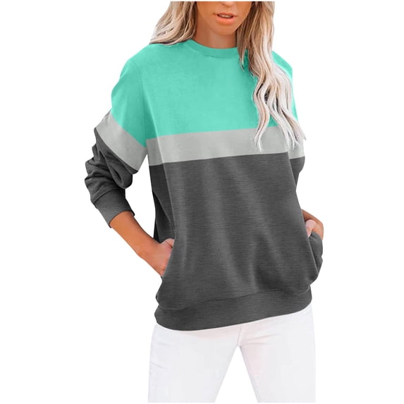 CQONEPT Women's Sweatshirts Dressy Casual Crewneck Pullover Tops Color Block Tunic Tops Fall Fashion Going Out Clothes Green M